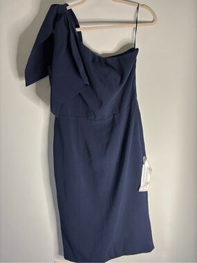 Dress the Population Navy One-Shoulder Bow Sheath Dress
